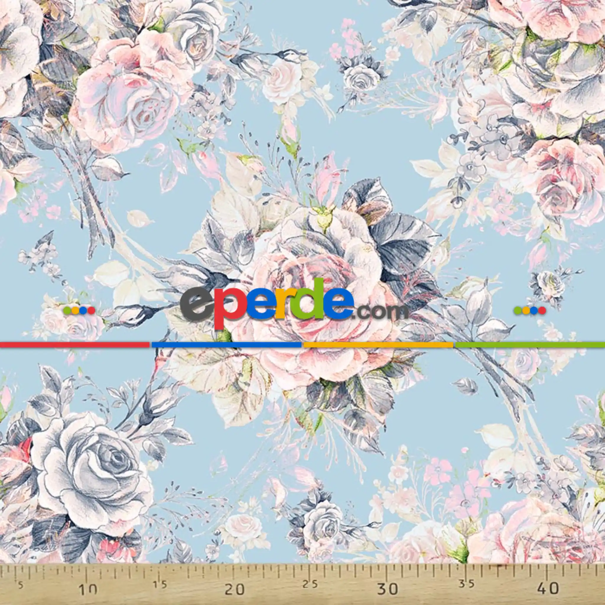 Çiçek Desenli Fon Perde Evm427 - Kumaşı Kalındır Duck Bezi Değildir.- Mavi-Pembe