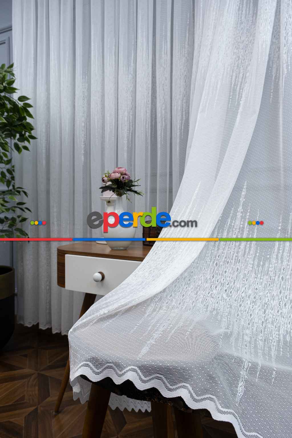 Salon Odası- Liva Gold Örme Arası Modern Desenli Tül Perde- Ekru