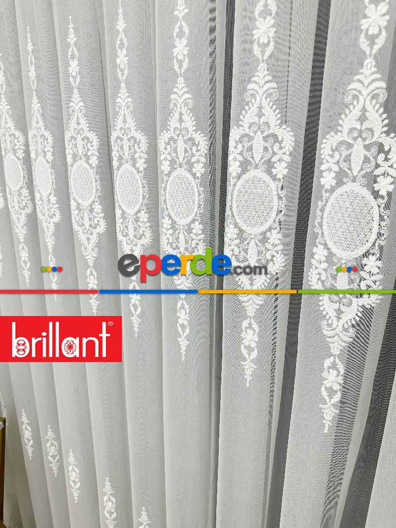 Brillant Ayna Desen Beyaz İşlemeli Tül Perde
