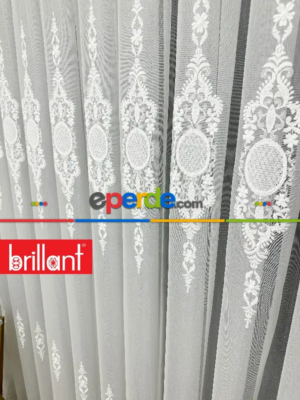 Brillant Ayna Desen Beyaz İşlemeli Tül Perde