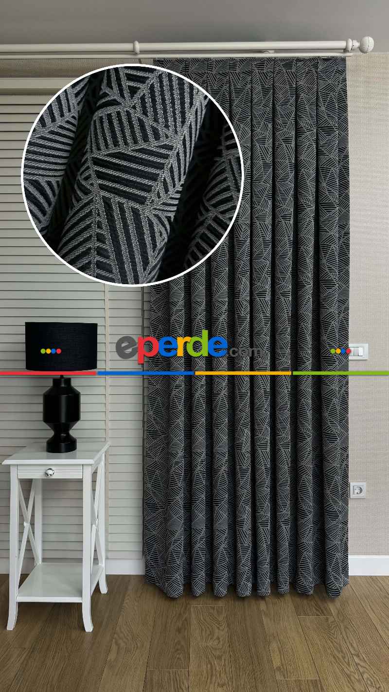 Dolcevita Siyah Gri Geometrik Desen Premium Jakar Dokuma Fon Perde