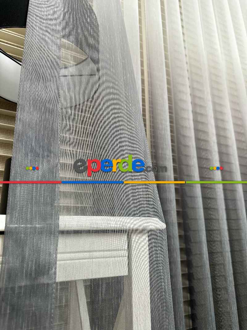 Ekru Antrasit Gri Degrade Geçişli Bambu Tül Perde, Premium Seri, Kurşunlu Tül