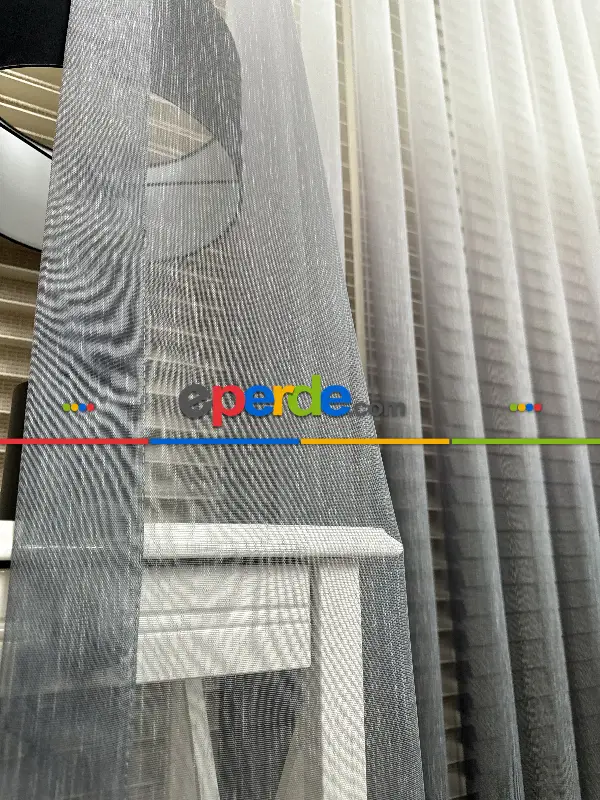 Ekru Antrasit Gri Degrade Geçişli Bambu Tül Perde, Premium Seri, Kurşunlu Tül