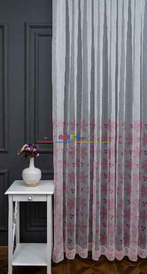 Hazır Ölçülü Petek Zemin Açık Pembe Renkli Kalp Ve Çiçek Desenli Grek Baskılı Tül Perde