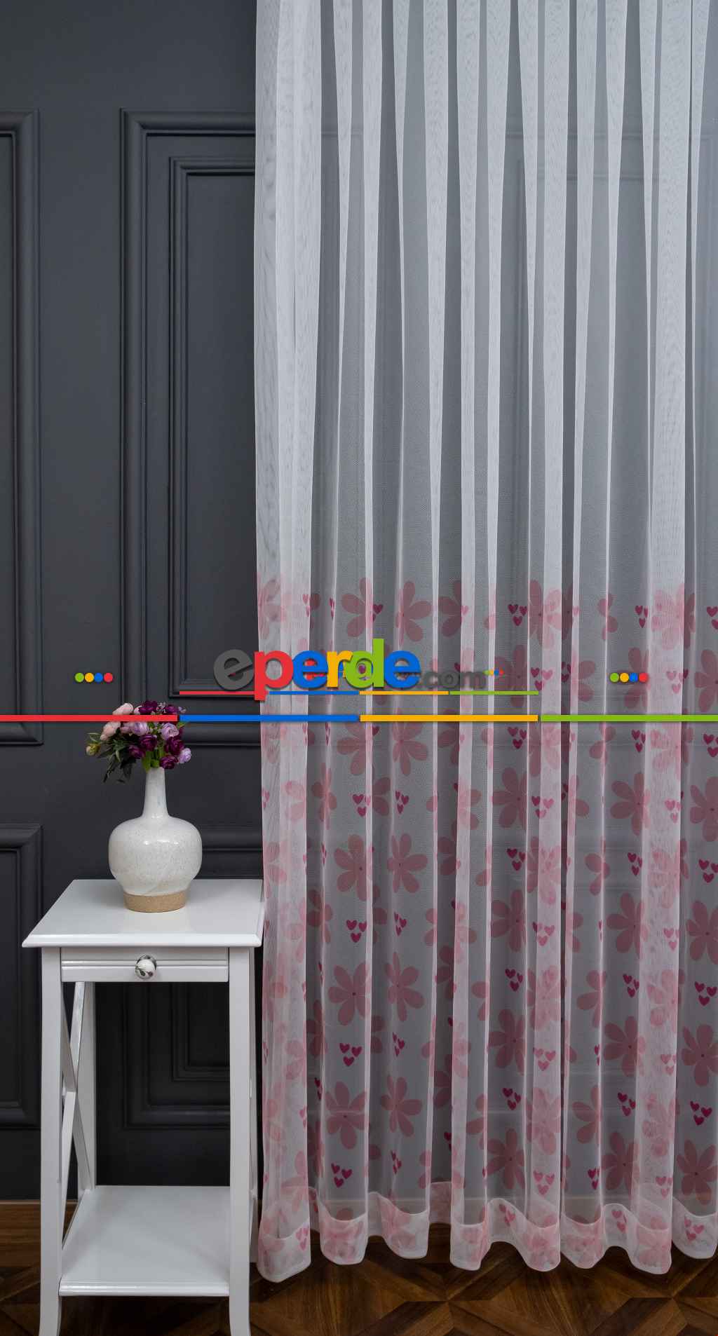 Hazır Ölçülü Petek Zemin Açık Pembe Renkli Kalp Ve Çiçek Desenli Grek Baskılı Tül Perde