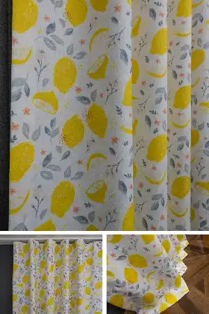 Dökümlü Kumaştan Sarı - Gri Limon Desenli Fon Perde
