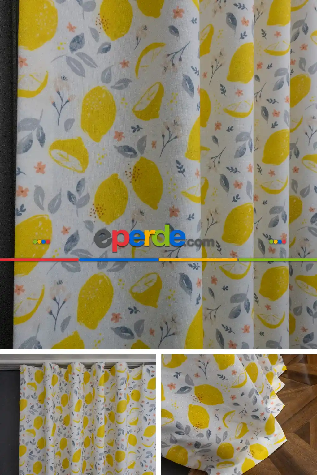 Dökümlü Kumaştan Sarı - Gri Limon Desenli Fon Perde
