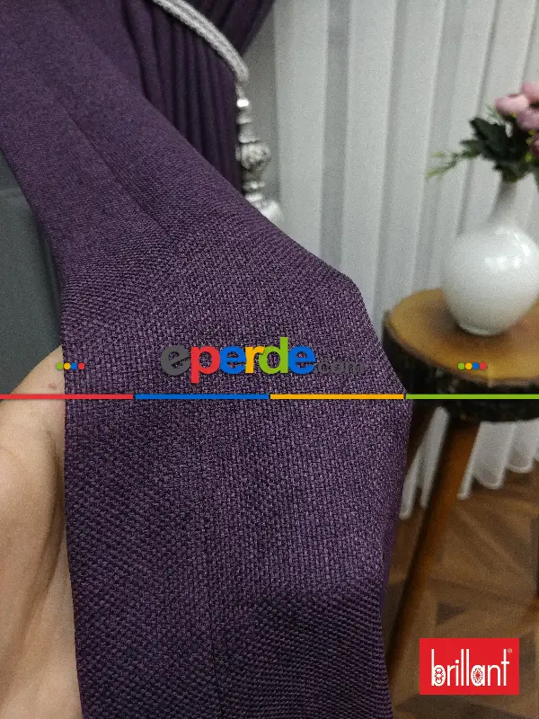 Yatak Odası - Brillant Keten Mor Renk Düz Fon Perde - Mor Patlıcan Moru