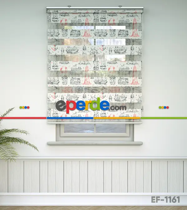 Gemi Ve Deniz Feneri Baskılı Zebra Perde-hatalı- Mavi-kırmızı-beyaz-turkuaz