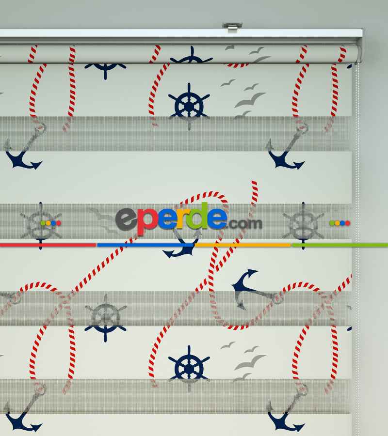 Bebek Odası Zebra Perde - Çapa Baskılı Zebra Perde- Mavi-Kırmızı-Beyaz