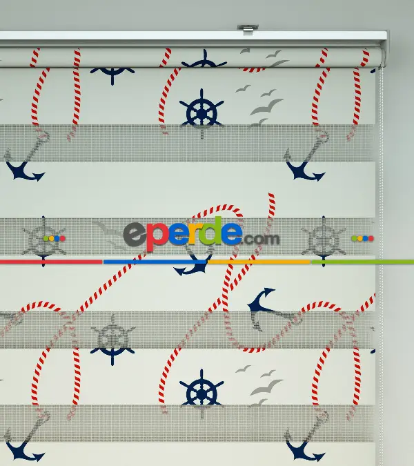 Bebek Odası Zebra Perde - Çapa Baskılı Zebra Perde- Mavi-Kırmızı-Beyaz