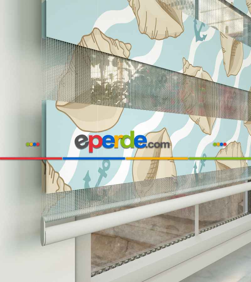Çocuk Odası Zebra Perde - Deniz Kabuğu Baskılı Zebra Perde- Mavi-Beyaz-Krem