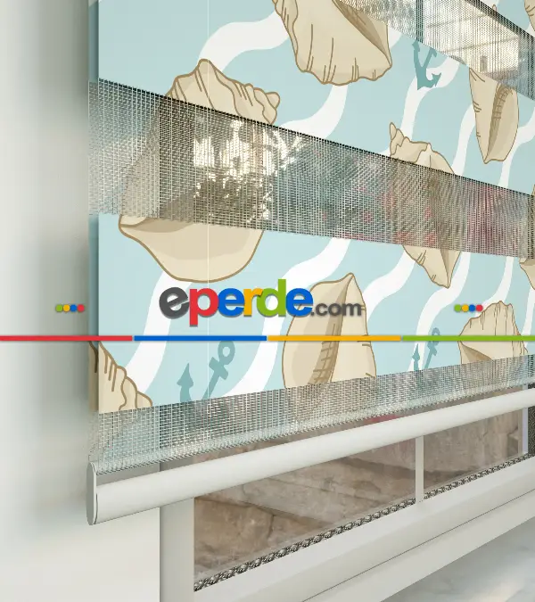 Deniz Kabuğu Baskılı Zebra Perde- Mavi-beyaz-krem