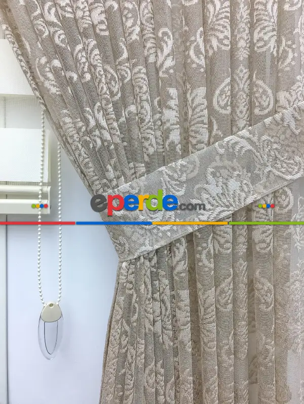 Dantel Damask Desen Tül Fon Perde - Bej- Bej