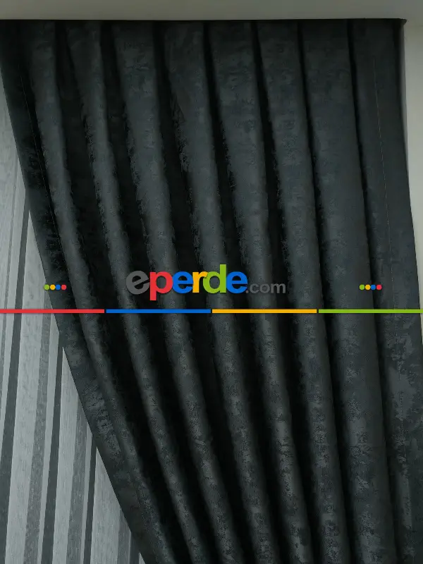 Antrasit Füme Renk Jakar Desenli Fon Perde- Antrasit