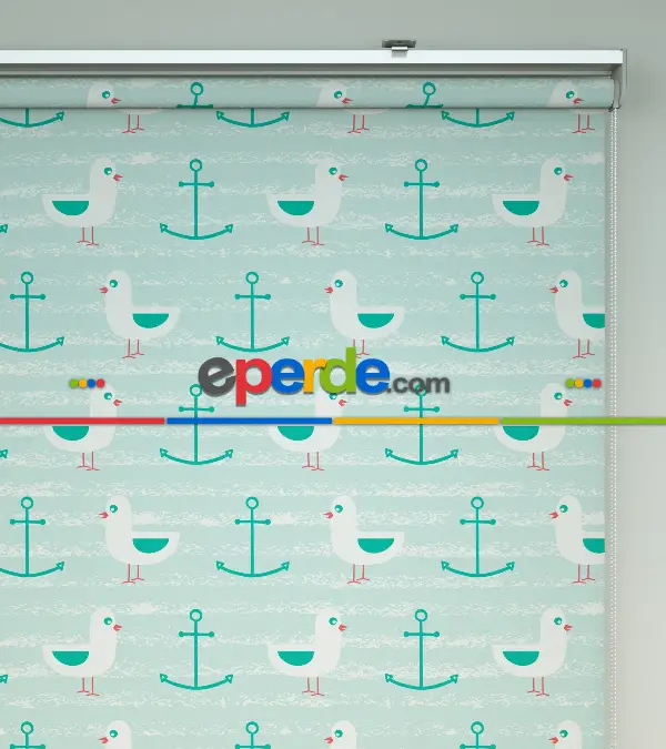 Bebek Odası - Çapa Desenli Baskılı Stor Perde- Yeşil-Çok Renkli