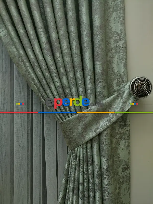 Su Yeşili Renk Jakar Desenli Fon Perde- Su Yeşili