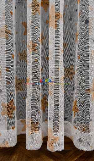 Hazır Ölçülü Petek Zemin Koyu Sarı Renkli Yıldız Ve Kalpler Desenli Grek Baskılı Tül Perde