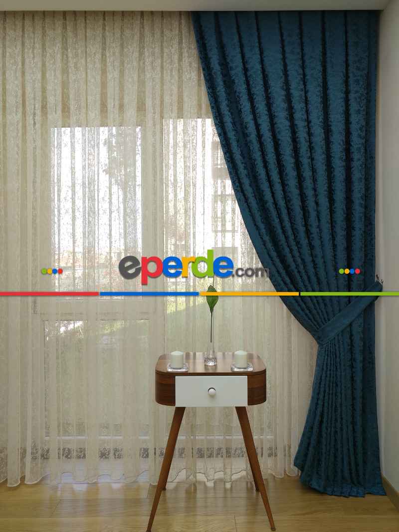 Petrol Rengi Kendinden Desenli Jakar Fon Perde (285 En)- Petrol Mavisi