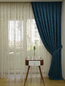 Petrol Rengi Kendinden Desenli Jakar Fon Perde (285 En)- Petrol Mavisi