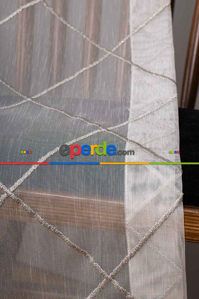 Salon Tül - Geometi Nakış Işlemeli Tül Perde Ekru - Gümüş Simli
