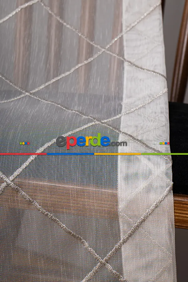 Salon Tül - Geometi Nakış Işlemeli Tül Perde Ekru - Gümüş Simli
