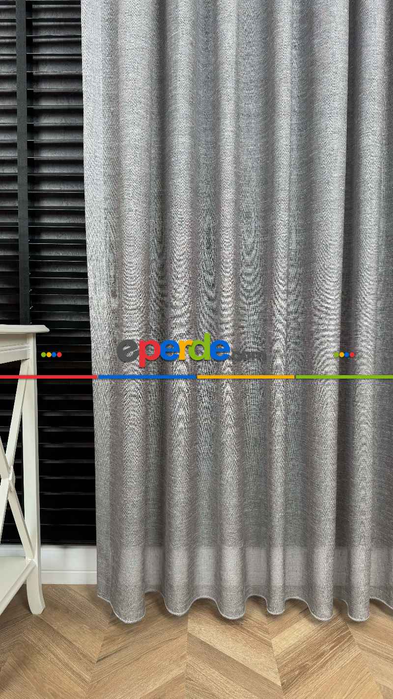 Yatak Odası - Gri, Keten, Büzgülü Ekstraforlu, Düz Tül Perde