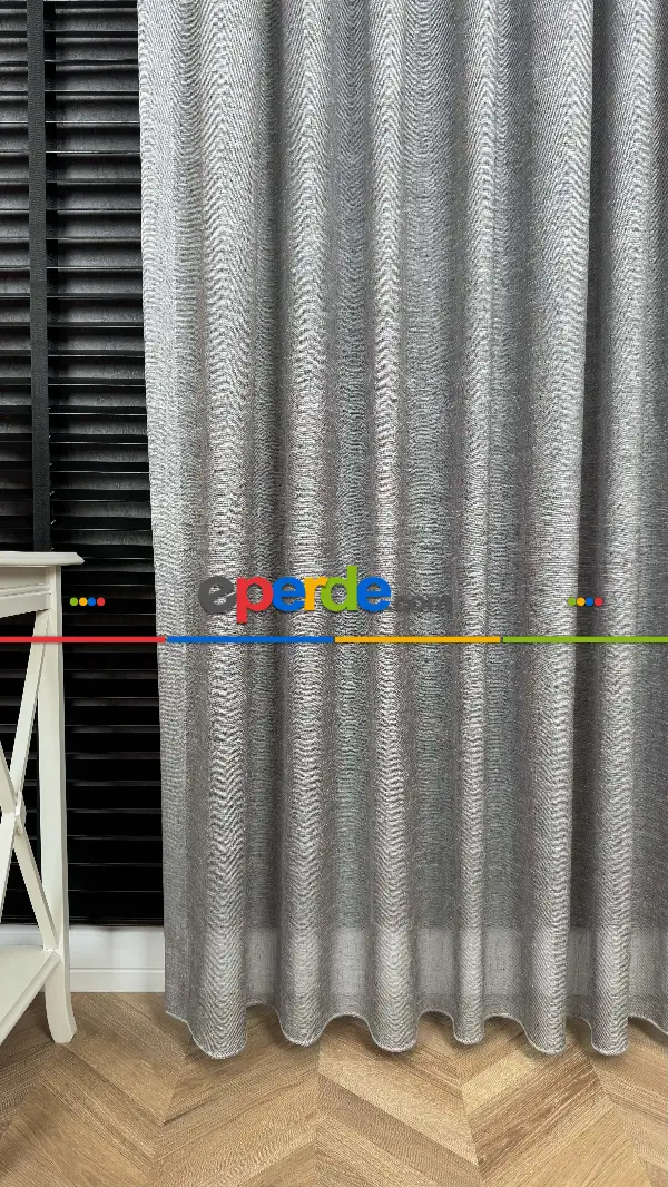 Oturma Odası - Gri, Keten, Büzgülü Ekstraforlu, Düz Tül Perde