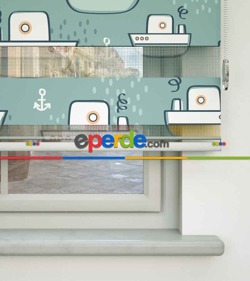 Bebek Odası Zebra Perde - Gemi Desen Baskılı Zebra Perde- Çok Renkli