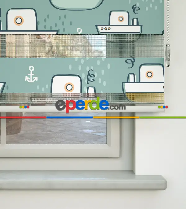 Bebek Odası Zebra Perde - Gemi Desen Baskılı Zebra Perde- Çok Renkli