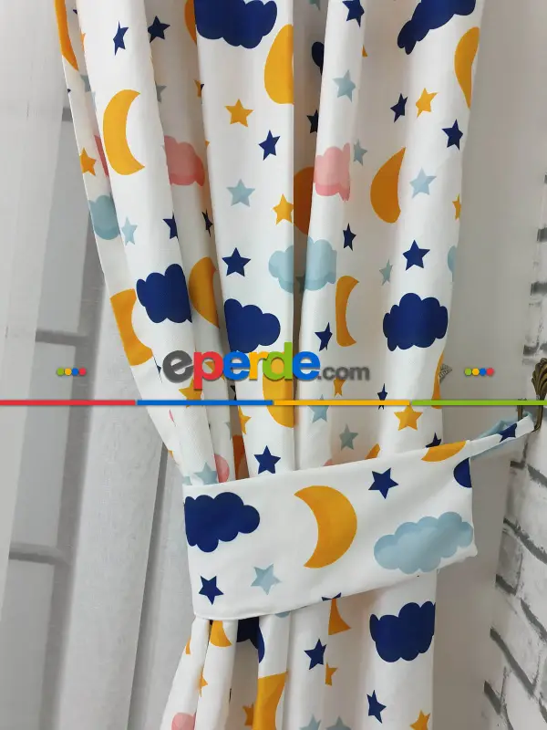 Aydede Bulut Desenli Fon Perde Evm8345 Kumaşı Kalındır Duck Bezi Değildir- Lacivert-beyaz-pembe