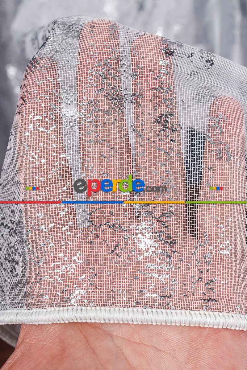 Salon Tül - Benekli Dijital Baskılı Tül Perde Ekru-gümüş