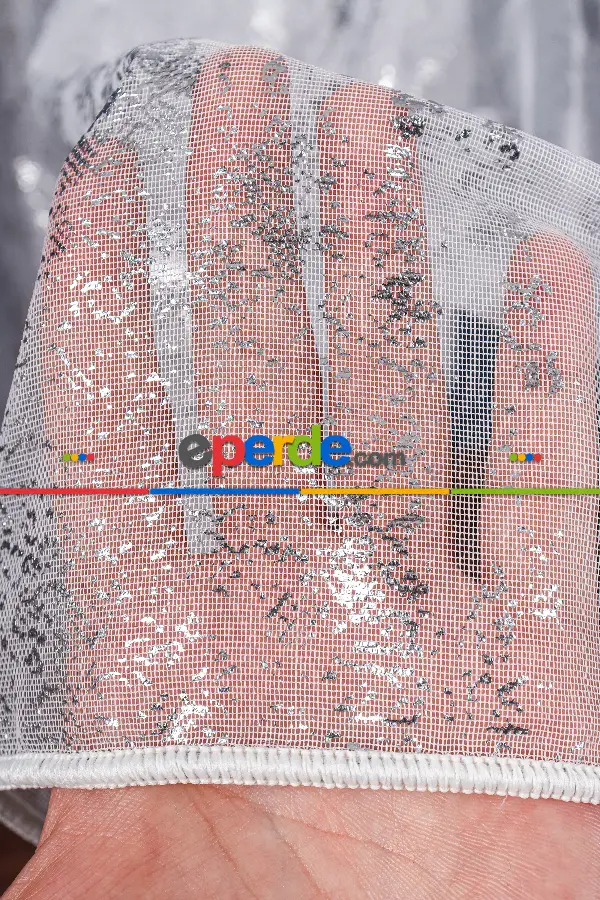 Salon Tül - Benekli Dijital Baskılı Tül Perde Ekru-gümüş