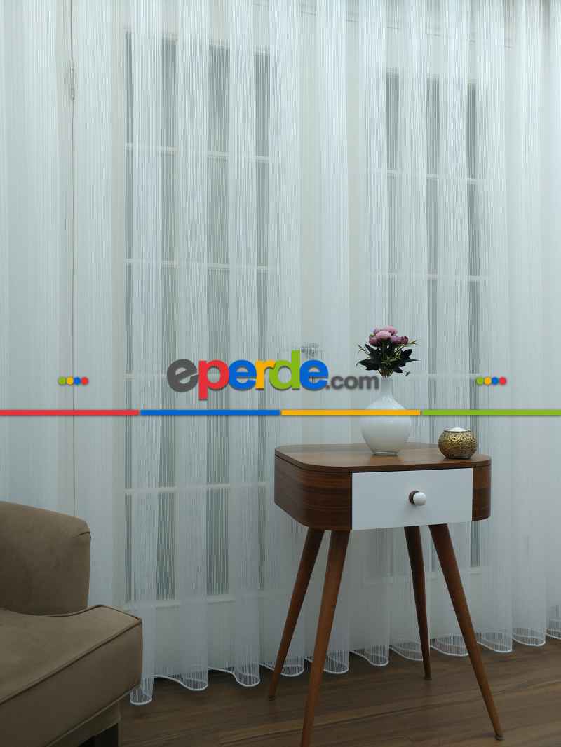 Mutfak - Ekru - Boyuna Çizgili İp Tül Perde- Ekru - Kurşunlu Tül