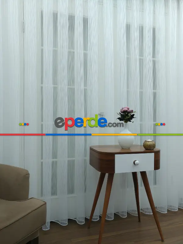 Mutfak - Ekru - Boyuna Çizgili İp Tül Perde- Ekru - Kurşunlu Tül