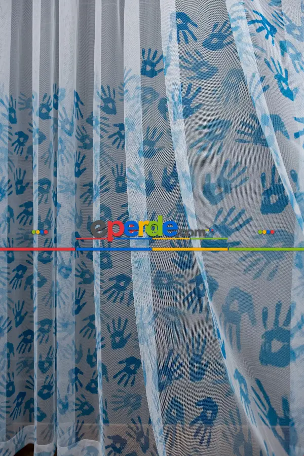 Hazır Ölçülü Petek Zemin Mavi Renkli Boyalı El Desenli Grek Baskılı Tül Perde 190cm X 255cm 