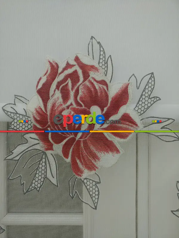 Tül Stor Çiftli Sistem Yakma Zemin Kırmızı Gül- Kırmızı-gri Açık- Çok Renkli 2