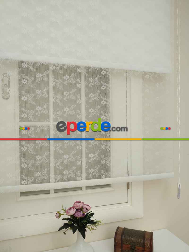 Jakar Örme Tül- Ekru Çiftli Sistem Dantel Desenli Perde- Ekru