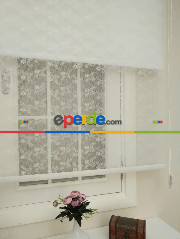 Jakar Örme Tül- Ekru Çiftli Sistem Dantel Desenli Perde- Ekru