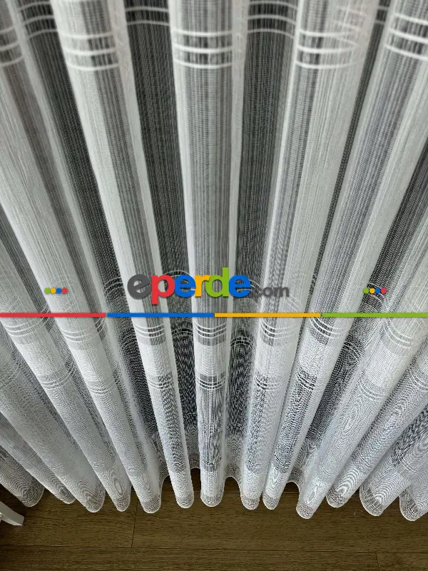 Yatak Odası Ekru Zincir Çizgili Desen Tül Perde - Yüksek Kalite Kurşunlu Tül