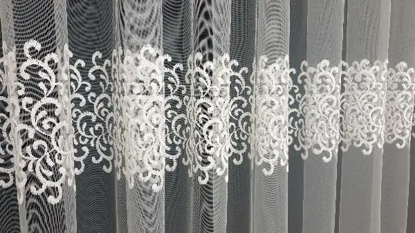 Mutfak Sarmaşık Şal Desenli - Ara Bantlı Desenli Tül Perde - Brode Dokuma