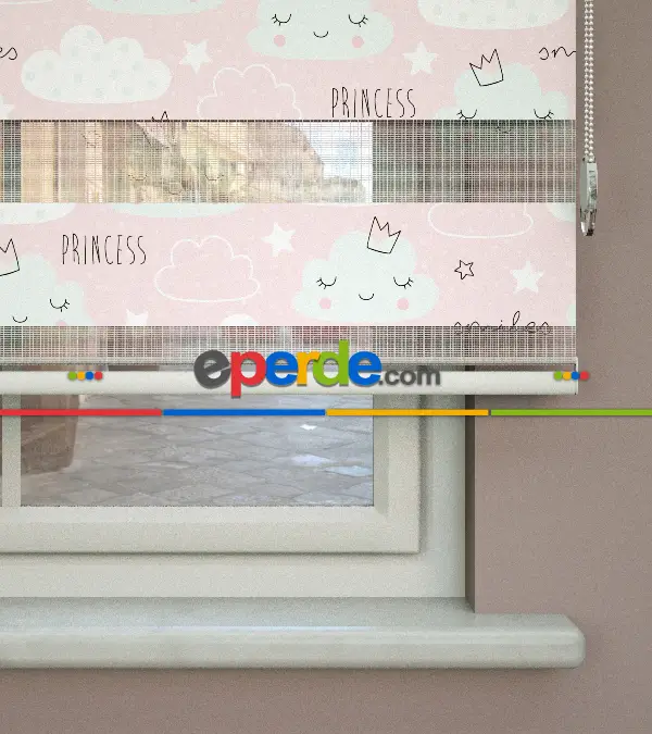 Bulut Desenli Baskılı Zebra Perde- Çok Renkli