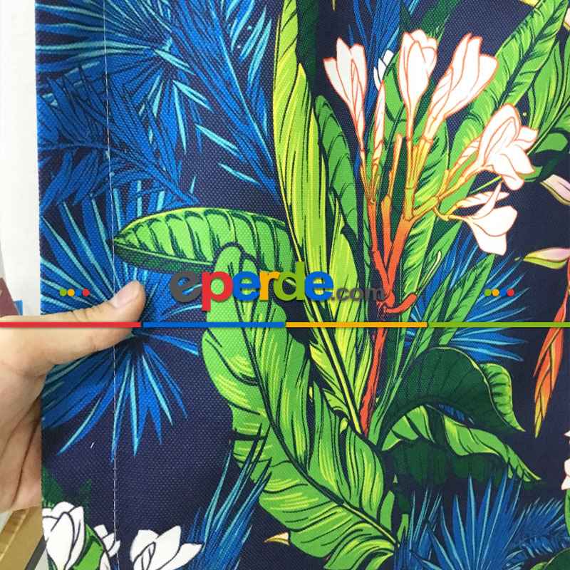 Tropikal Desenli Fon Perde Evm1107 Kumaşı Kalındır Duck Bezi Değildir- Yeşil-Beyaz