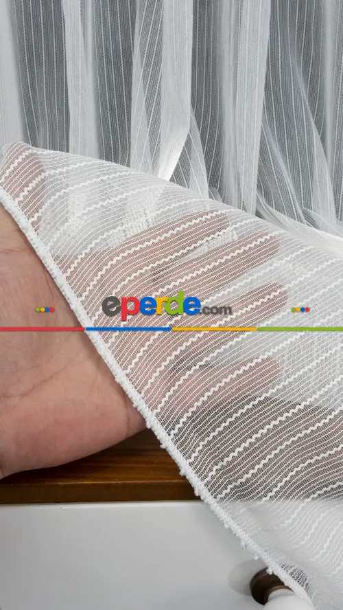 Tek Makarna Boyuna Çizgili Tül Perde Ekru Dolgulu- Ekru - Kurşunlu Tül