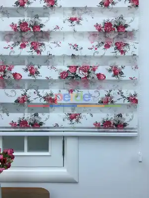 %40 Indirimli !!! Çiçek Desen Pembe-gri Zebra Perde- Siyah-füme-fuşya