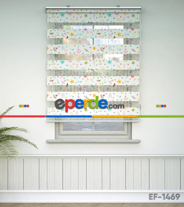 Bebek Odası Zebra Perde - Çapa Desenli Baskılı Zebra Perde- Çok Renkli