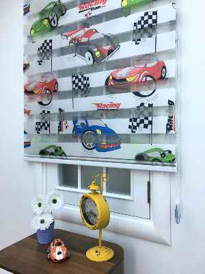 Zebra Perde - Araba-far Baskılı Çocuk Ve Genç Odası- Yeşil-mavi-kiremit Rengi