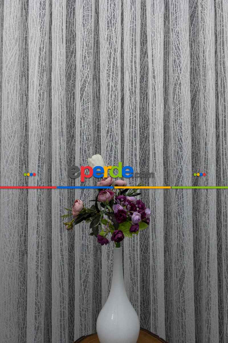 Desenli Tül Perde - Fransız Dantel Örme Tül - Geometrik Çizgili Tül - Spor Desenli Tül - Ütü İstemez- Ekru Açık Krem