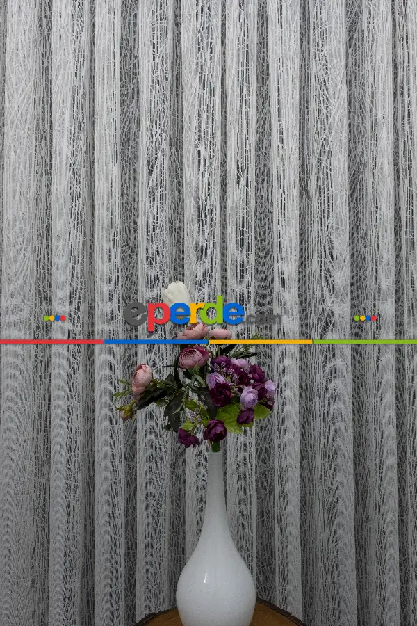 Mutfak Desenli Tül Perde - Fransız Dantel Örme Tül - Geometrik Çizgili Tül - Spor Desenli Tül - Ütü İstemez- Ekru Açık Krem