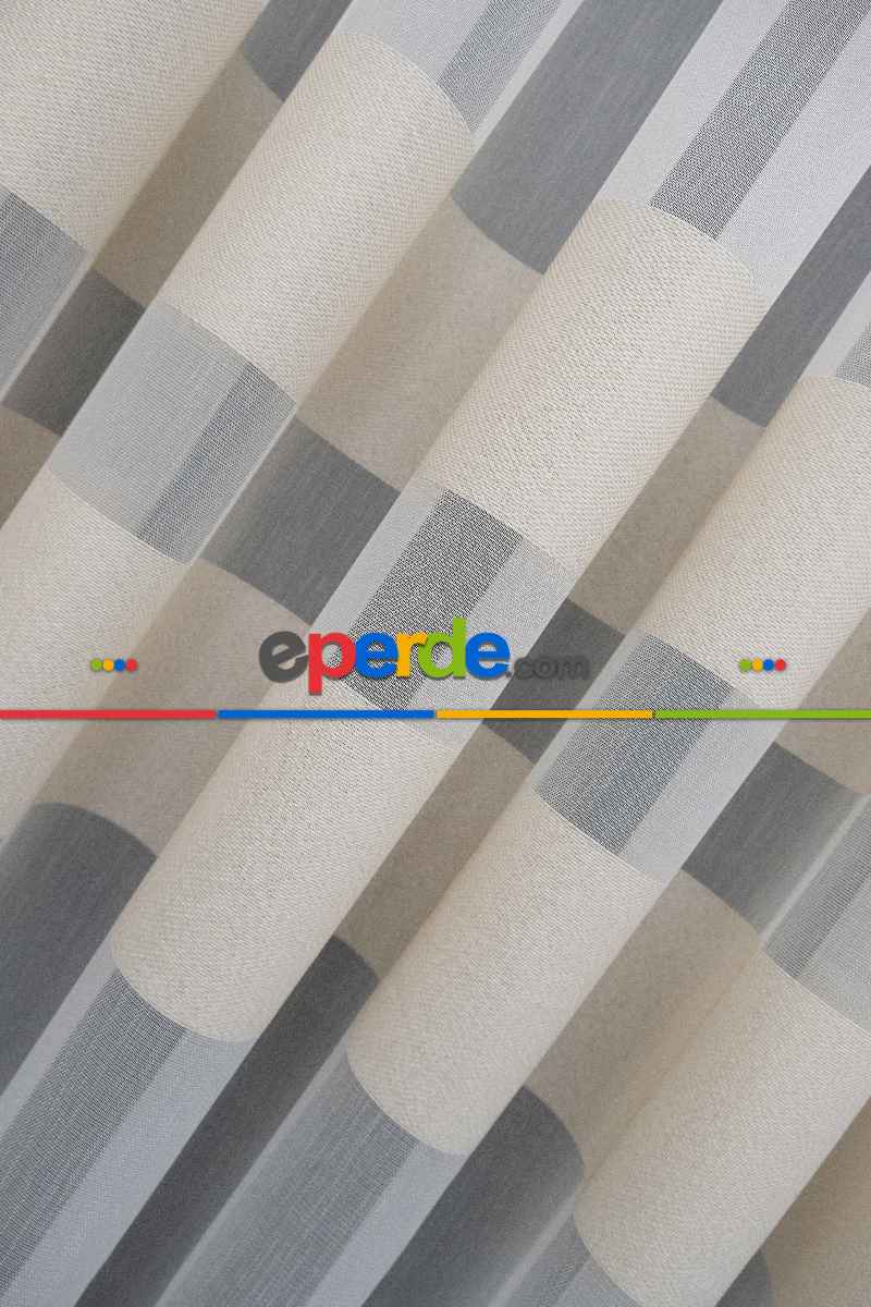 Mutfak Tül - Modern Bantlı Krem Tül - Yüksek Kalite Tül - Enine Çizgili